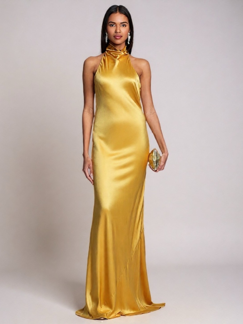 Amanda Uprichard Rainier Gown Tunisia Gold Silk Halter Maxi Dress Large
